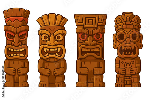 Four stylized brown wooden tiki statues with fierce carved expressions
