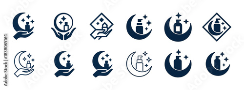 Skincare logo set with moon and bottle designs in geometric frames