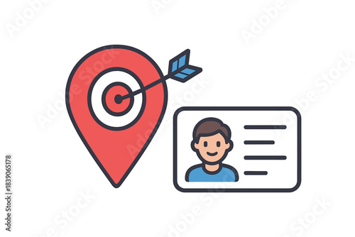Map pin hitting target with user profile identification card icon