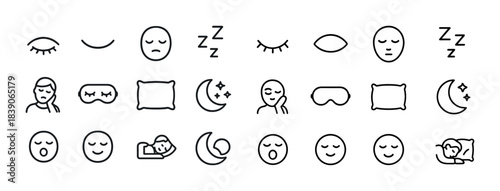 Sleep icons: faces, moon, pillow, eye mask, zzz symbols