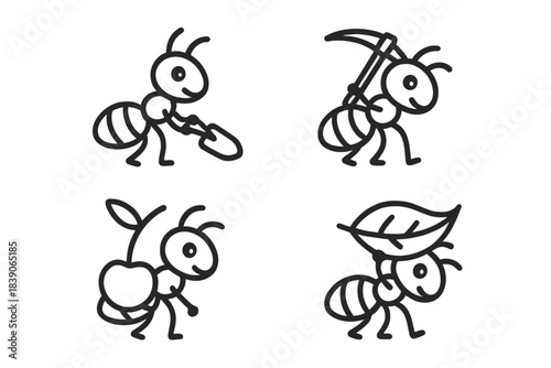 Four cute cartoon ants carrying various objects outline icons