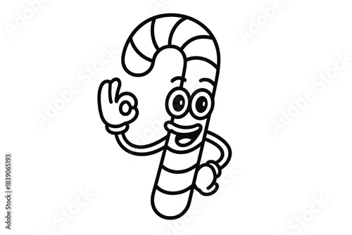 Cheerful candy cane mascot making okay hand gesture in outline style