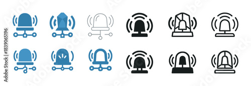 Emergency alarm and siren icons set in blue and black