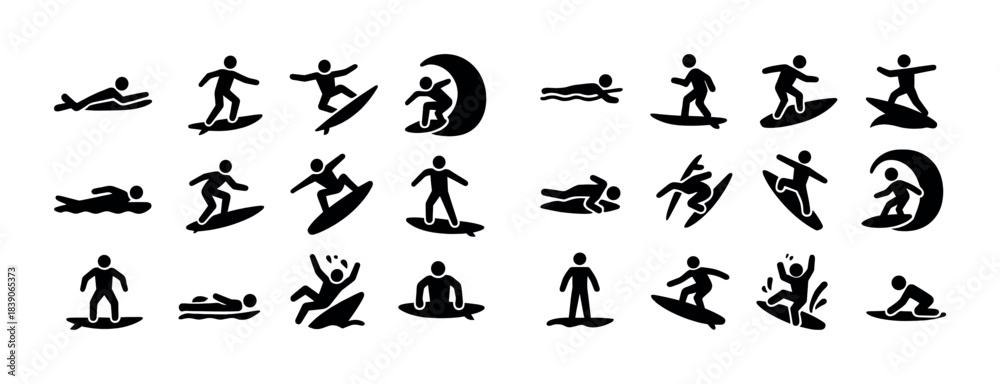 Naklejka premium Black silhouette icons of surfing and swimming activities
