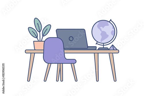 Minimalist home desk setup with laptop and terrestrial globe