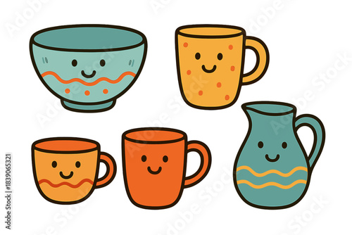 Collection of cheerful smiling ceramic kitchen dishes with simple patterns