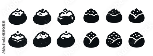 Silhouette icons of various asian dumplings with unique toppings