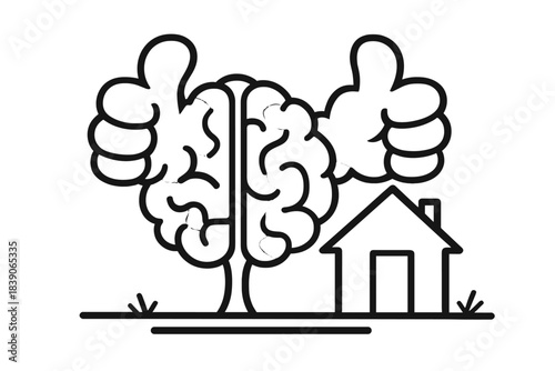 Conceptual brain with positive approval gesture and home outline