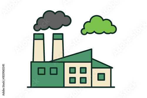 Factory emitting contrasting smoke plumes from industrial smokestacks