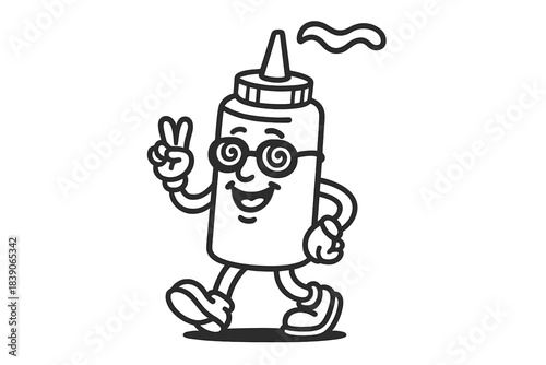 Walking condiment bottle mascot making peace sign gesture