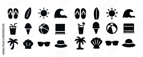 Summer beach icons: flip flops, sun, surfboards, waves, palm trees, ice cream, towels, sunglasses