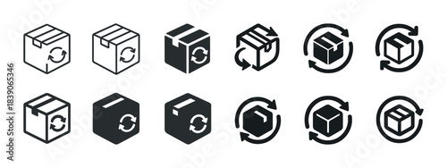 Icon set of recyclable packaging boxes with arrows in black and white design