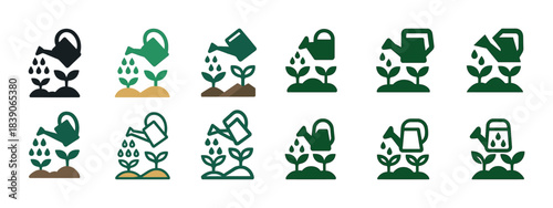 Watering can icons with growing plants in various styles and colors