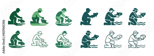 Silhouettes of people fishing in various poses
