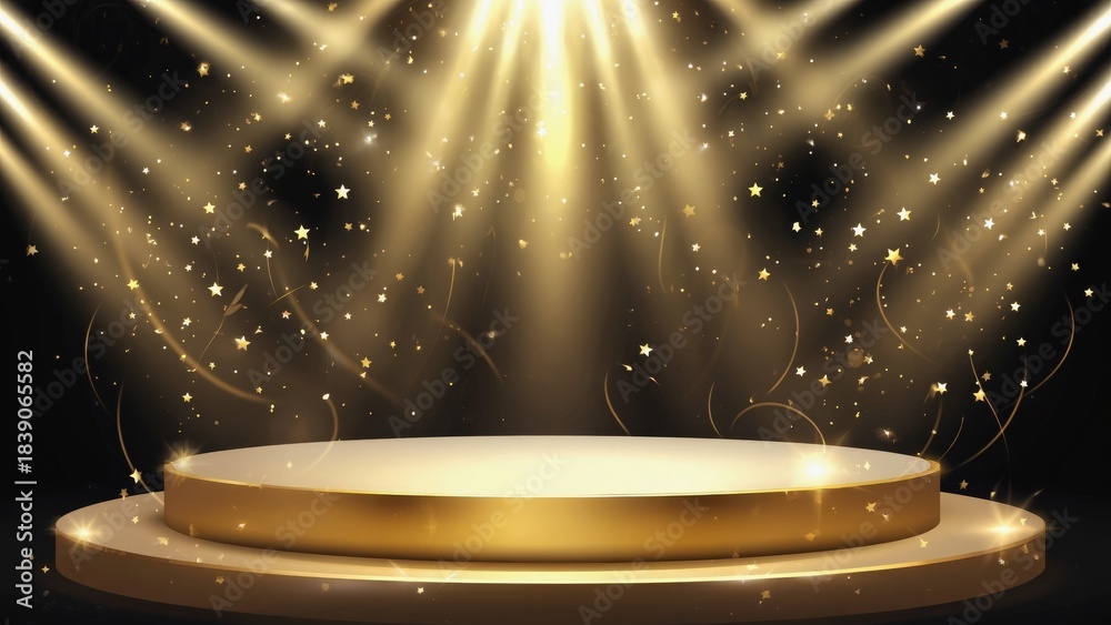 Fototapeta premium A luxurious golden round stage with glittering lights and sparkling particles. Award ceremony, Christmas and New Year celebrating