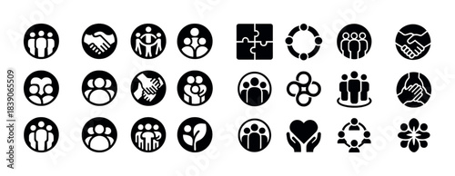 Collection of icons representing teamwork, unity, and collaboration