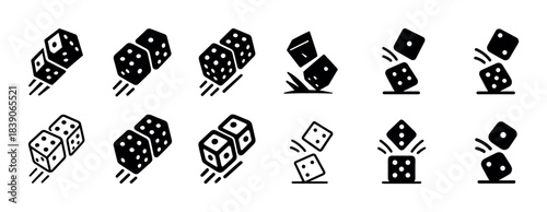 Set of stylized black and white dice icons showing various rolling positions