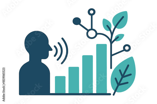 Voice recognition upward trend chart with connected plant icon
