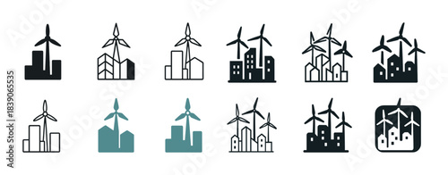 Wind turbine icons collection: sustainable energy cityscapes