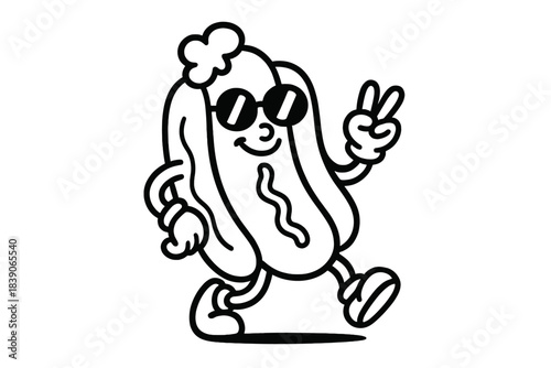 Cartoon hot dog character walking and making peace sign