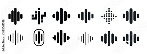 Set of sound wave icons and audio equalizer symbols in black