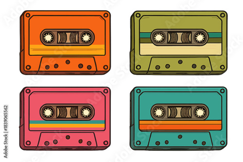 Four colorful retro cassette tapes collection in vintage style