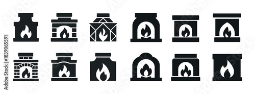 Set of twelve decorative fireplace icons in black and white