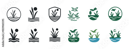 Set of nature-themed water and plant icon designs with bird elements