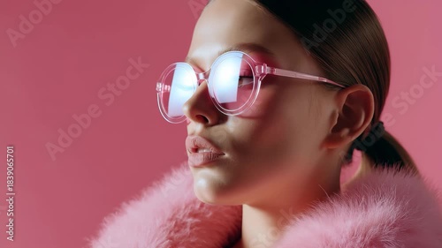 Fashion model poses stylishly in bold pink outfit and glasses against a vibrant pink backdrop showcasing a modern aesthetic