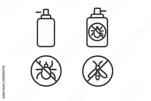 Set of icons for pest control spray bottle and insect prohibition symbols