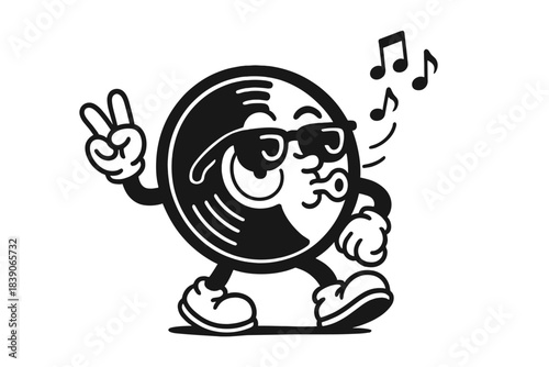 Cartoon vinyl record mascot walking and whistling cheerful music notes