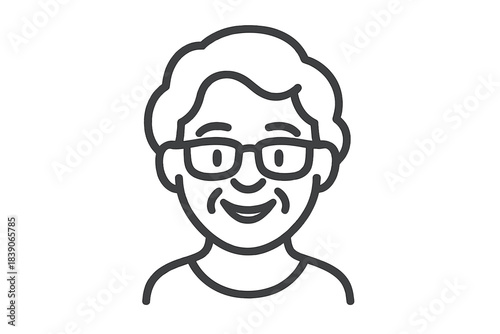Happy senior woman with glasses simple line art portrait icon