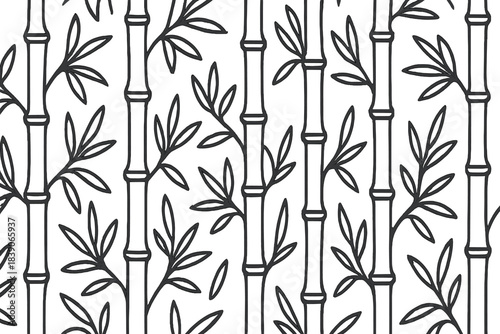 Seamless pattern of stylized black and white bamboo stalks and leaves outline