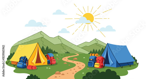 Camping adventure with tents backpacks and a scenic mountain trail under the sun.