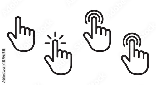Hand cursor click and touch line icons. Mouse pointer set with tap and ripple effects.
