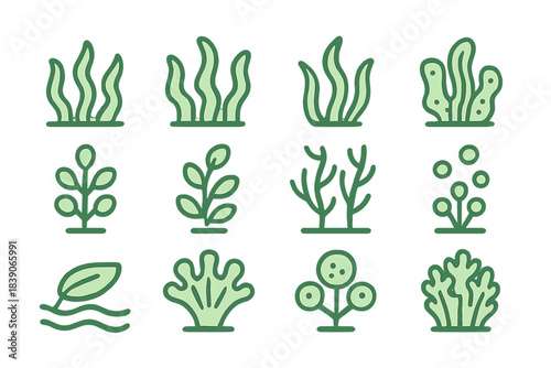 Stylized aquatic plant and seaweed icons in vibrant green tones