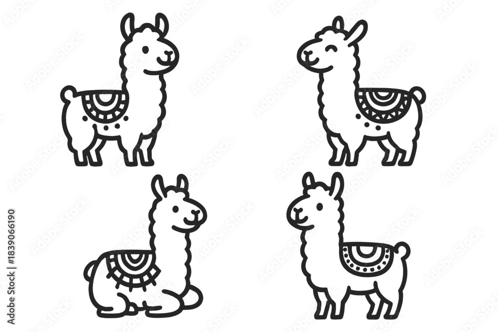 Obraz premium Four cute cartoon llamas and alpacas in simple line art style