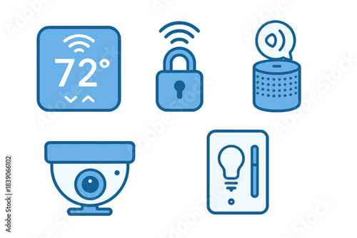 Collection of interconnected smart home automation and digital device symbols