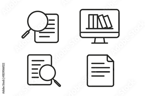 Outline icons for document search and digital library access concepts