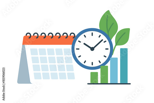 Conceptual image of calendar clock growth chart and green leaves