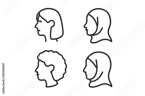 Four female profile icons showing diverse hairstyles and head coverings