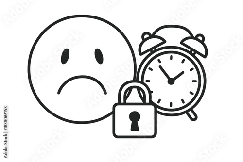 Sad alarm clock and padlock concept outline graphic