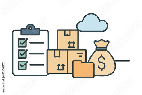 Supply chain management icons for inventory tracking and digital finance