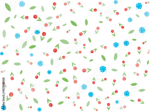 Random scattering seamless vector pattern background with red floral elements, green leaves, and blue abstract shapes