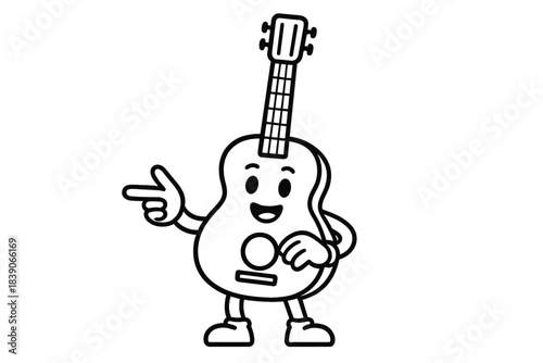 Cheerful ukulele character pointing with outstretched limbs