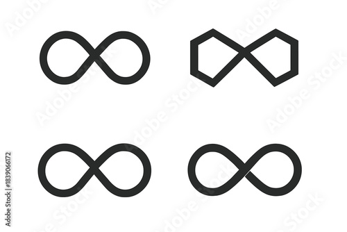 Four variations of the mathematical infinity symbol in black outline icons