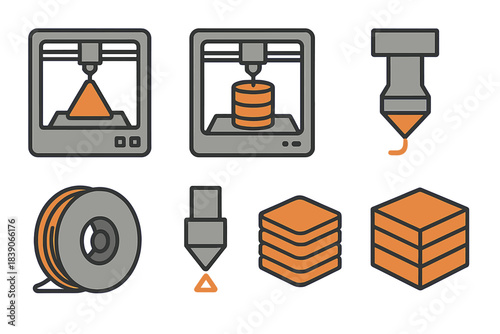 Set of icons depicting additive manufacturing and 3D printing process elements