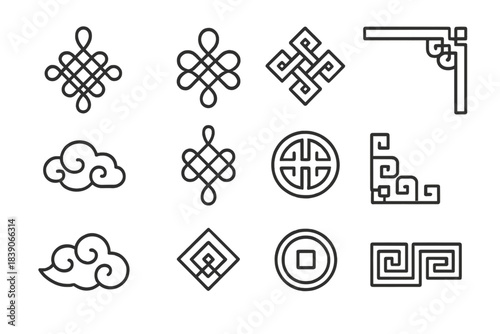 Traditional Chinese auspicious symbols and decorative outline icons set