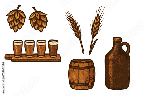 Collection of brewing ingredients and serving items with hops and wheat