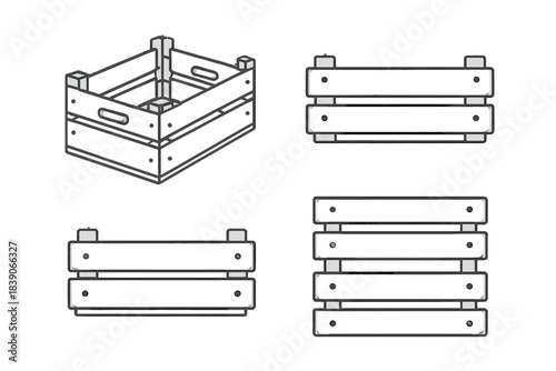 Isometric and orthogonal views of a wooden storage crate